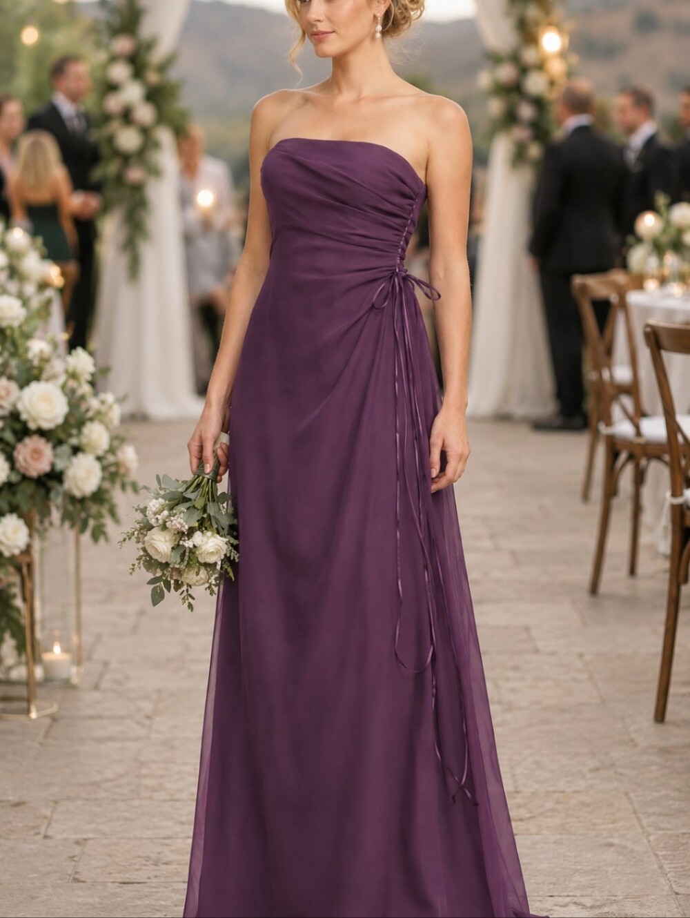 Purple Wine strapless maxi sweeping flowy Chiffon bridesmaid Prom gown sz 2